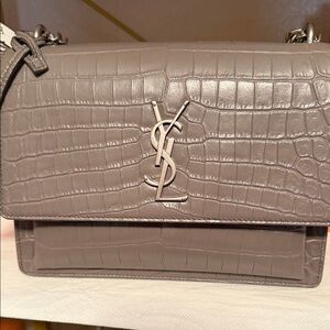 Saint Laurent Croc-Embossed Shoulder Bag in Taupe Gray